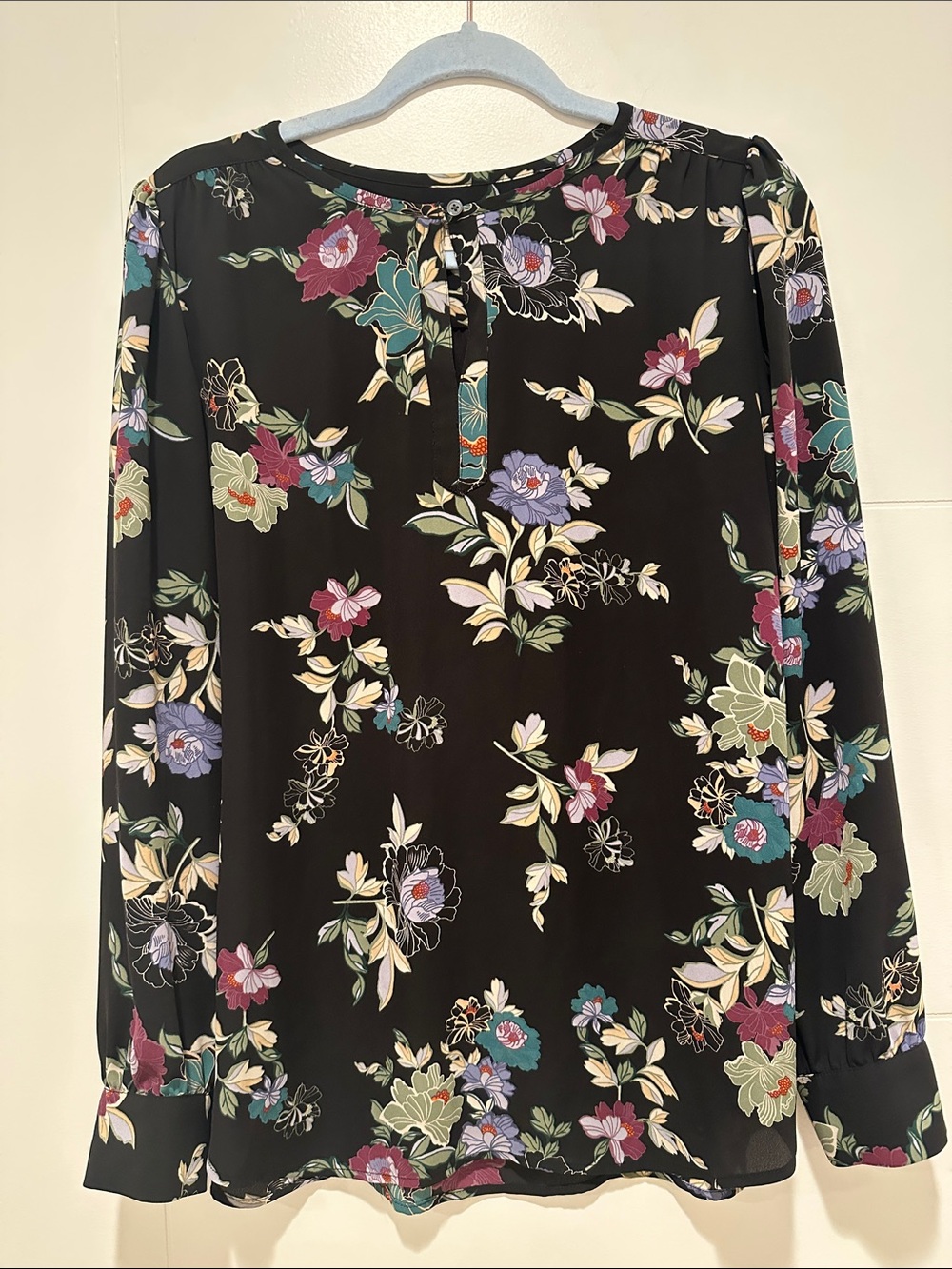 LOFT Black Floral Long-Sleeve Blouse with Multicolor Bloom